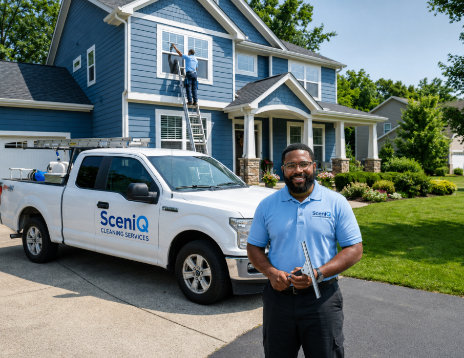 Sceniq Cleaning Services technicians cleaning windows on a Dayton-area home with branded truck and happy family